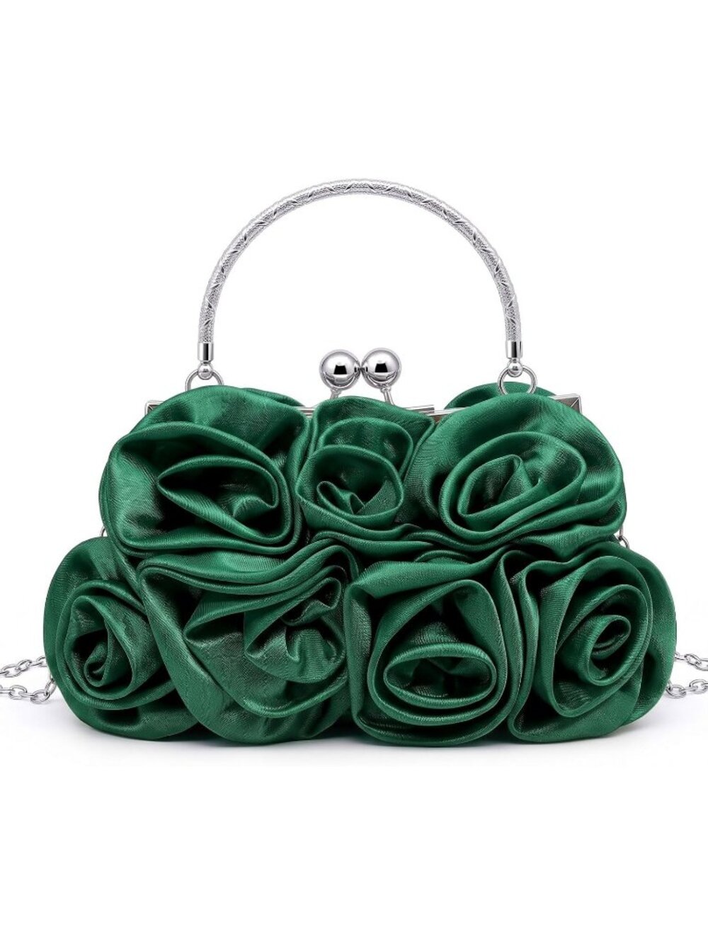 Women's Dark Green 3d Rose Satin Clutch Purse Floral Wedding Party Evening Bag
